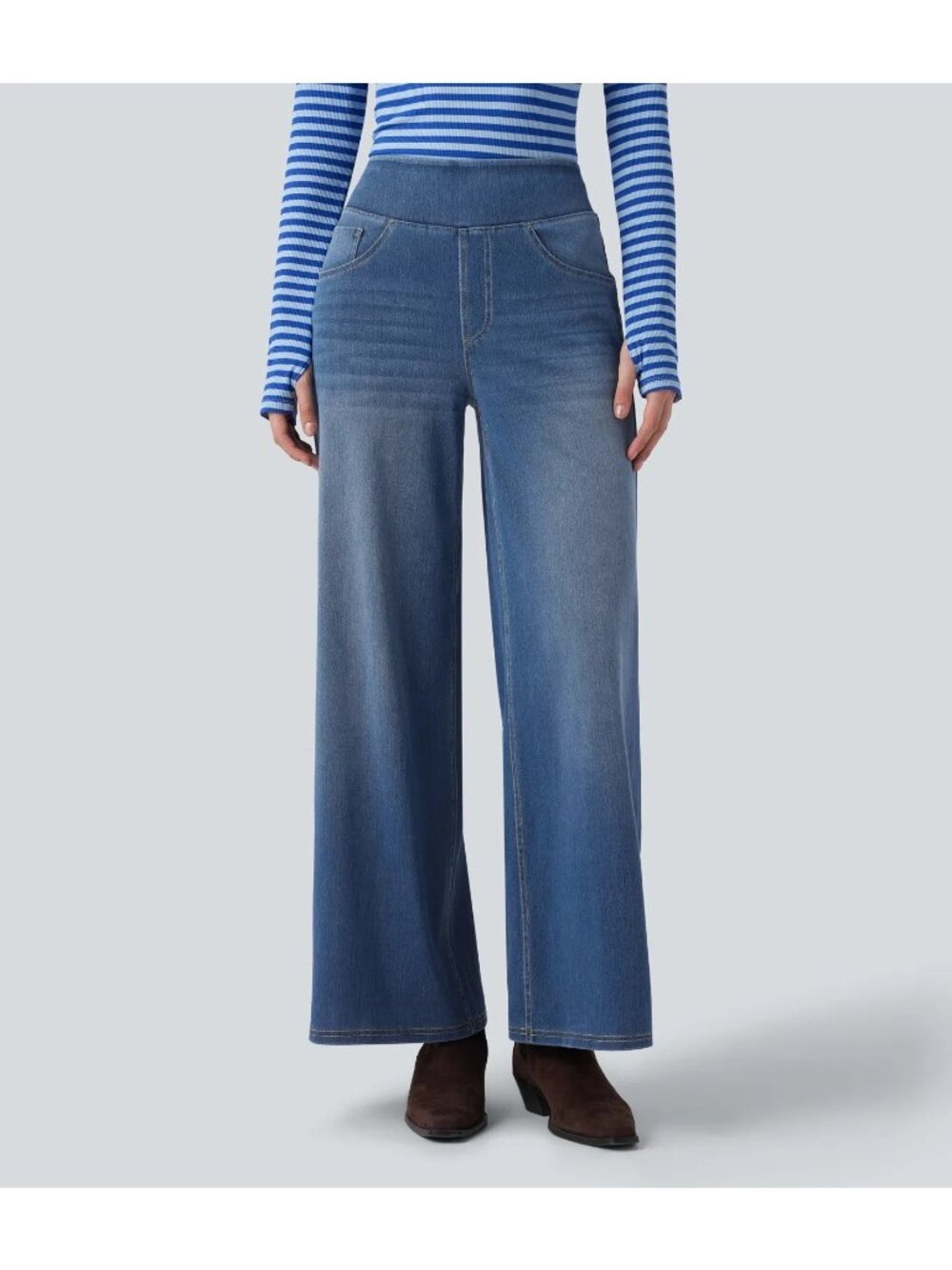 Halara Small Womens Wide-Leg Denim Athleisure Pants Small Regular Blue Stretch